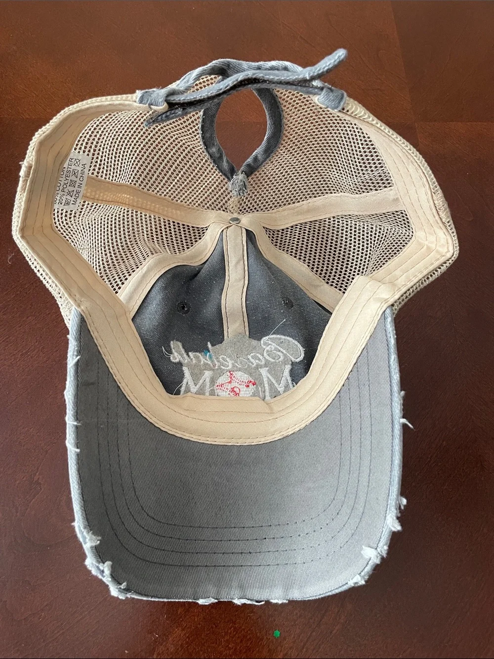 Baseball Mom Distressed Trucker Hat - Gray and Tan
